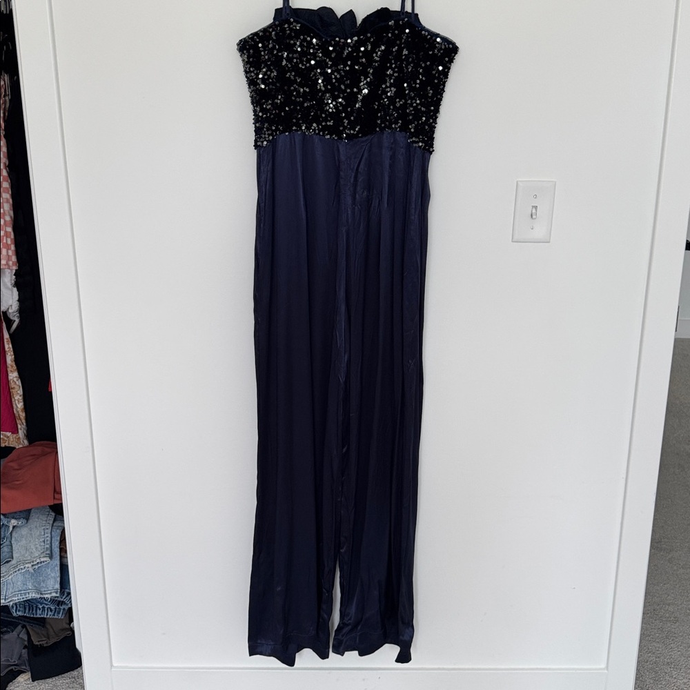 Badgley Mischka Rose Sequin Jumpsuit, Navy Blue - Size 12 - Picture 7 of 10
